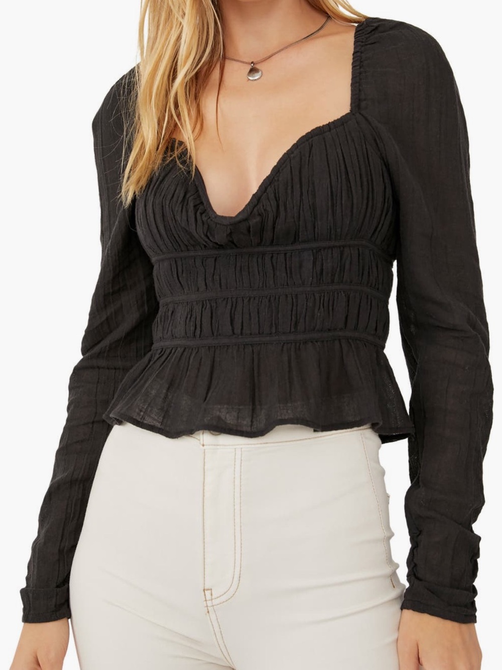 NWT Free People Chloe Smocked Cotton Top in Black size M